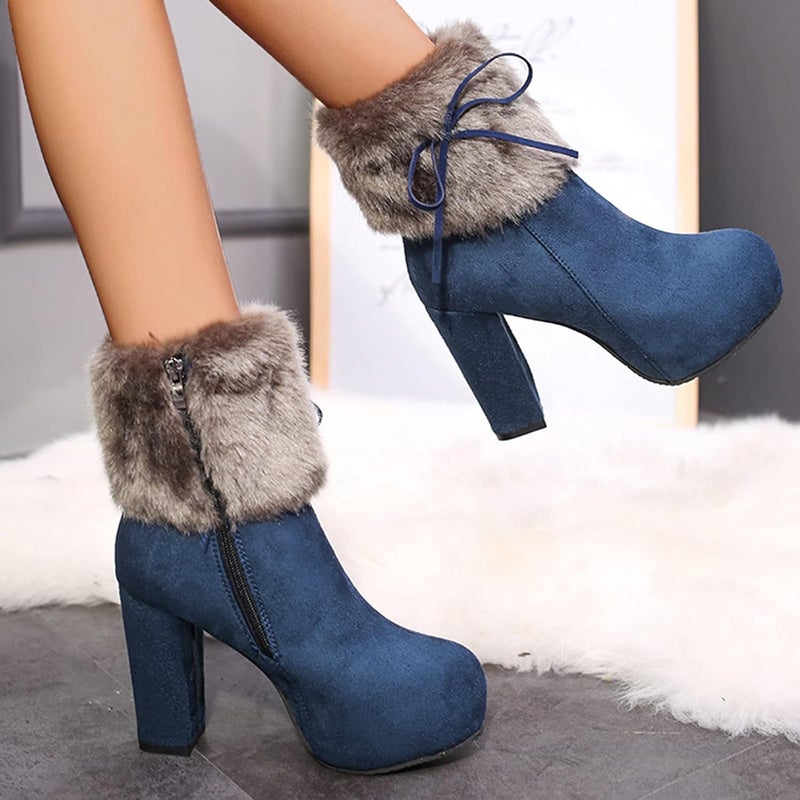woobles Winter Boot for Women,Women Round Toe Platform Booties Ladies Cute Chunky High Heel Snow Ankle Boot Wedge Zipper Slip On Boot Causal Walking Dress Shoe (Blue, 6-6.5) - Image 5